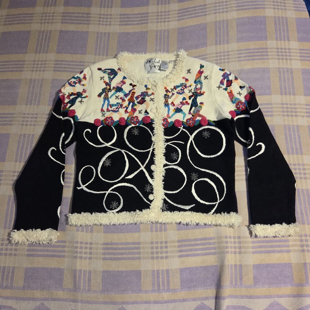 Michael Simon New York Ice Skating Cardigan Size Small Vintage 1998 Rare Winter